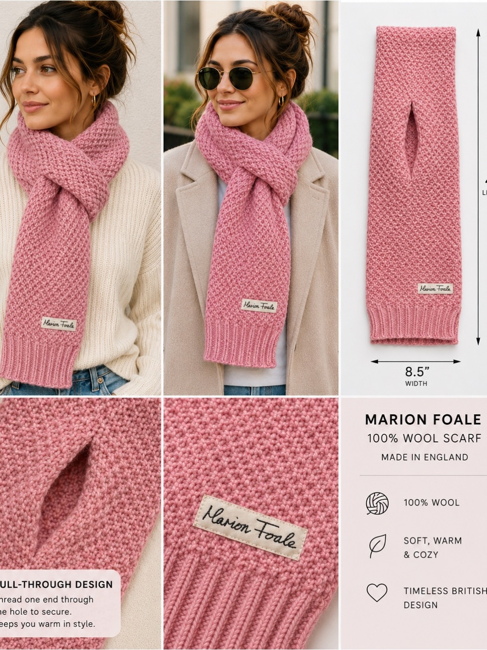 Marion Foale 100% Wool Pink Knit Scarf Made in England Textured Winter Wrap